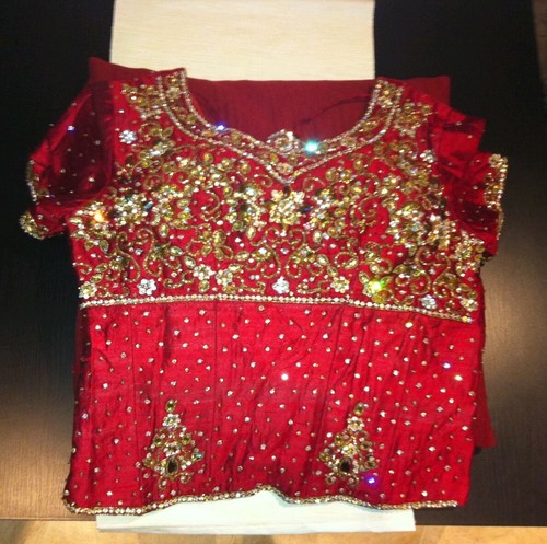 Bridal Wedding Lengha Choli Red & Gold With Velvet Pati & Stone Work Fit & Flare - Picture 5 of 12