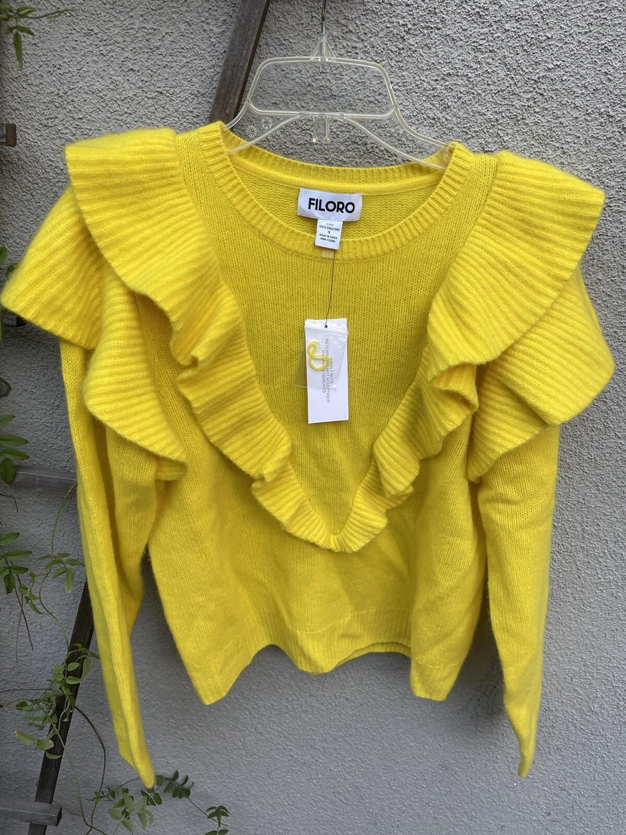 FILORO Ruffle Overlay Cashmere Sweater in Limoncello Size