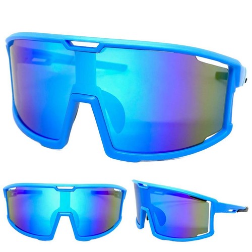 OVERSIZED SPORT WRAP AROUND Biker Cycling Shield SUNGLASSES Large Big Blue Frame - Picture 1 of 6