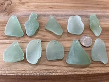 Sea glass - 10 Large Top Drilled Pieces Of  Aqua Blue Sea Glass