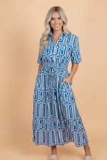 Geometric Drawstring Waist Short Sleeve Midi ...
