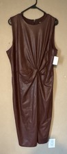 Express Brown Faux Leather Sleeveless Sheath Dress Knot Front Round Neck Zip XL