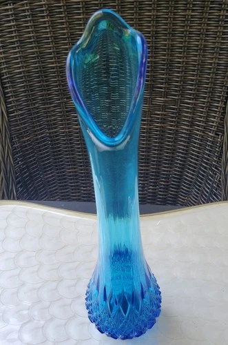 LE Smith OVG Fenton Cobalt Ice Blue Swung Vase Diamond Pedestal 14 in Read*