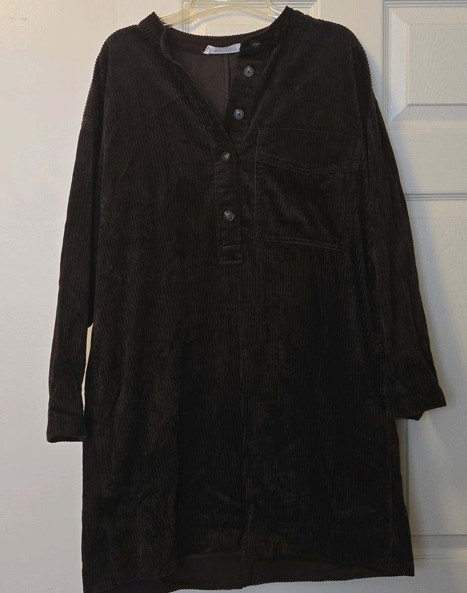 Everlane Corduroy Women Mini Dress Cotton Dark Brown Buttons Pockets L Lagenlook View 2