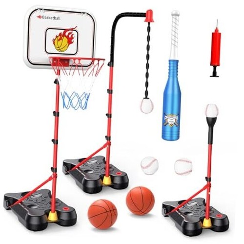 4 in 1 Kids Basketball Hoop and T Ball Set for Toddlers 3-5, Adjustable Height