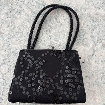 BLack Hanging Sequenced thread Satin Judith Lieber Bag Purse