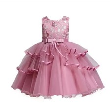 Pink Ruffled Formal Dress with Floral Bodice and Bow for Flower Girl or Ball