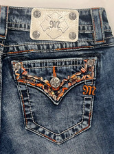 Miss Me Signature Boot Jeans Sz 26 X34 Distressed Embroider Sequin Flap JP8637B