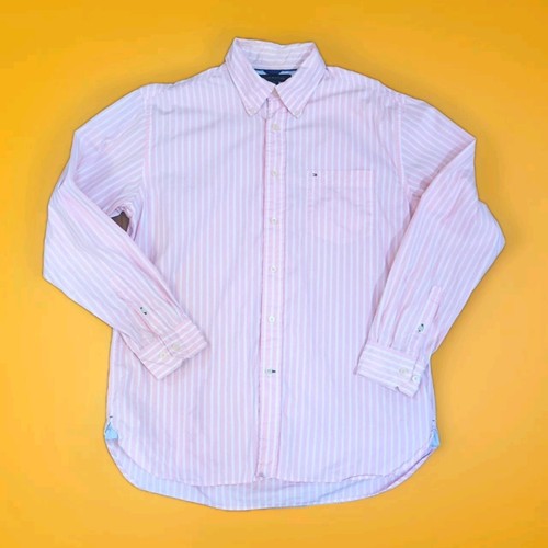 Camisa TOMMY HILFIGER Preppy Para Hombres Rayas Rosas Abotonada Años 80 Dos Moscas Algodón - Imagen 1 de 13