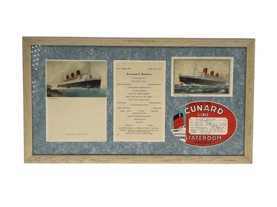 Vintage Cunard Line WHITE STAR  Queen Mary Memorabilia Framed Set 1954 Stateroom