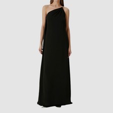 Valentino Women Black One-Shoulder V-Logo Craped Cape Silk Gown Dress Size 48
