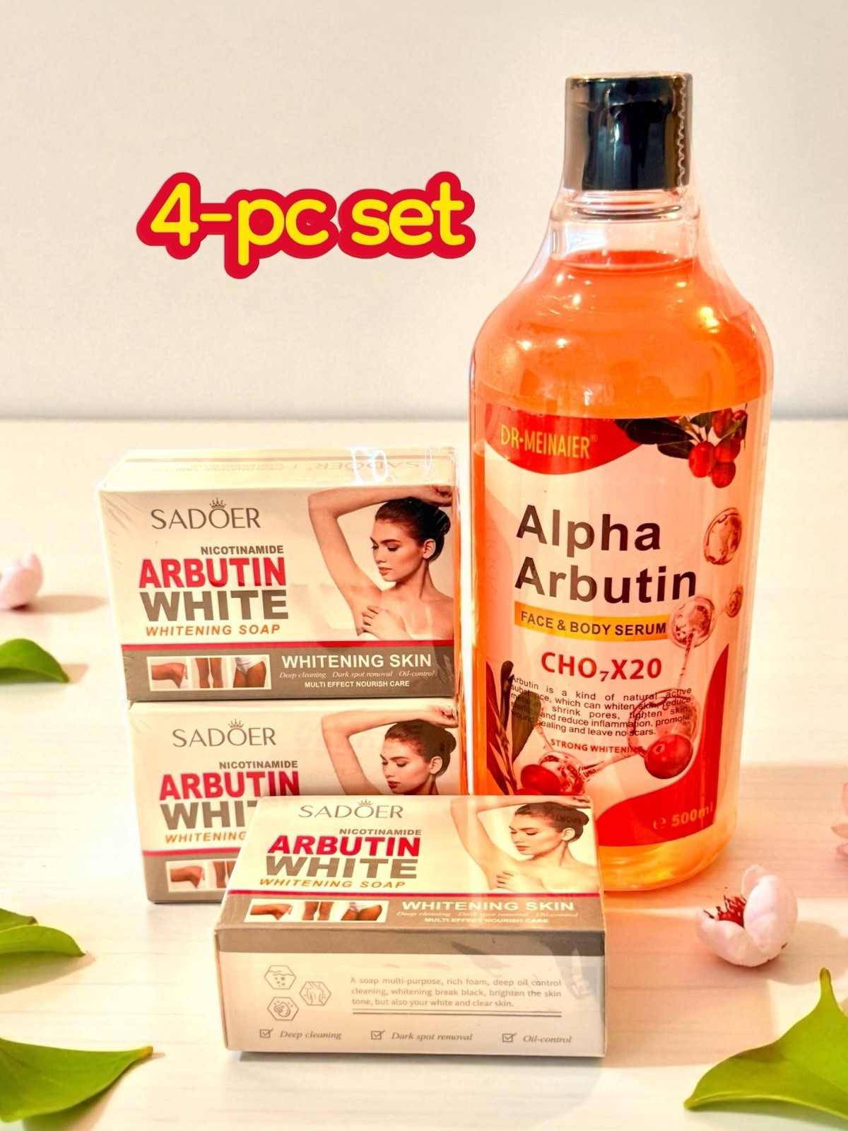 Set Alpha Arbutin Face Body Serum Skin Brightening Moisturizer, 500ml + Soap 4pc