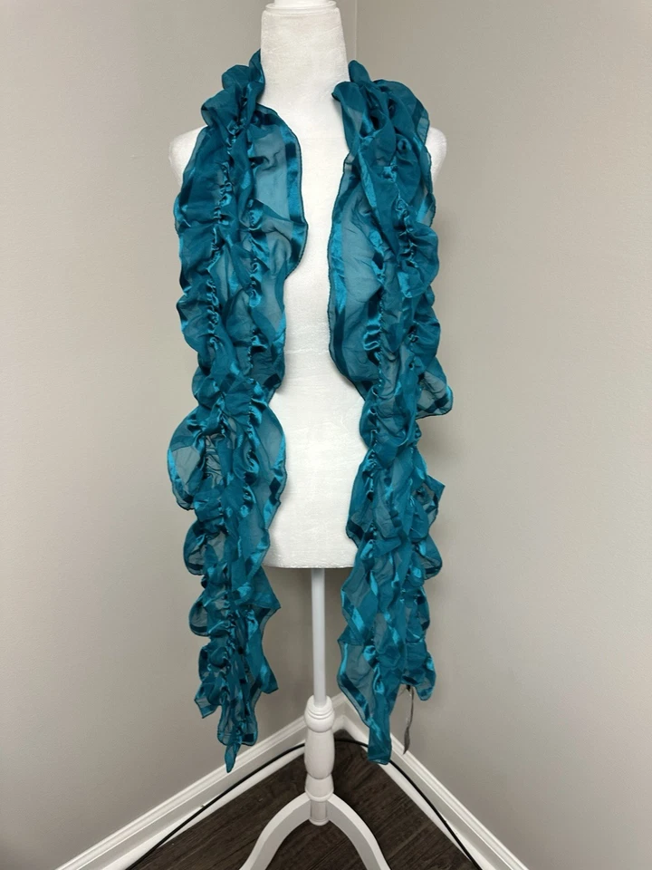 Cachecol White House Black Market azul-petróleo listra sombra babado pescoço tamanho único novo com etiquetas - Imagem 2 de 4