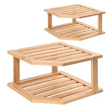 VERTORGAN Bamboo Corner Shelf(2 Pack),2 Tier Plate Organizer for Cabinet and ...