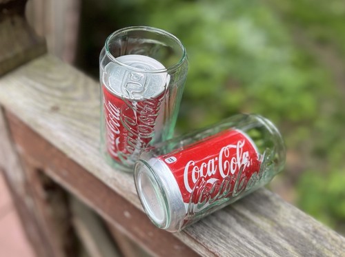 2 VTG Coke Coca-Cola Can Shaped Glasses, Cup Green Tint Glass, With Coke Cans,