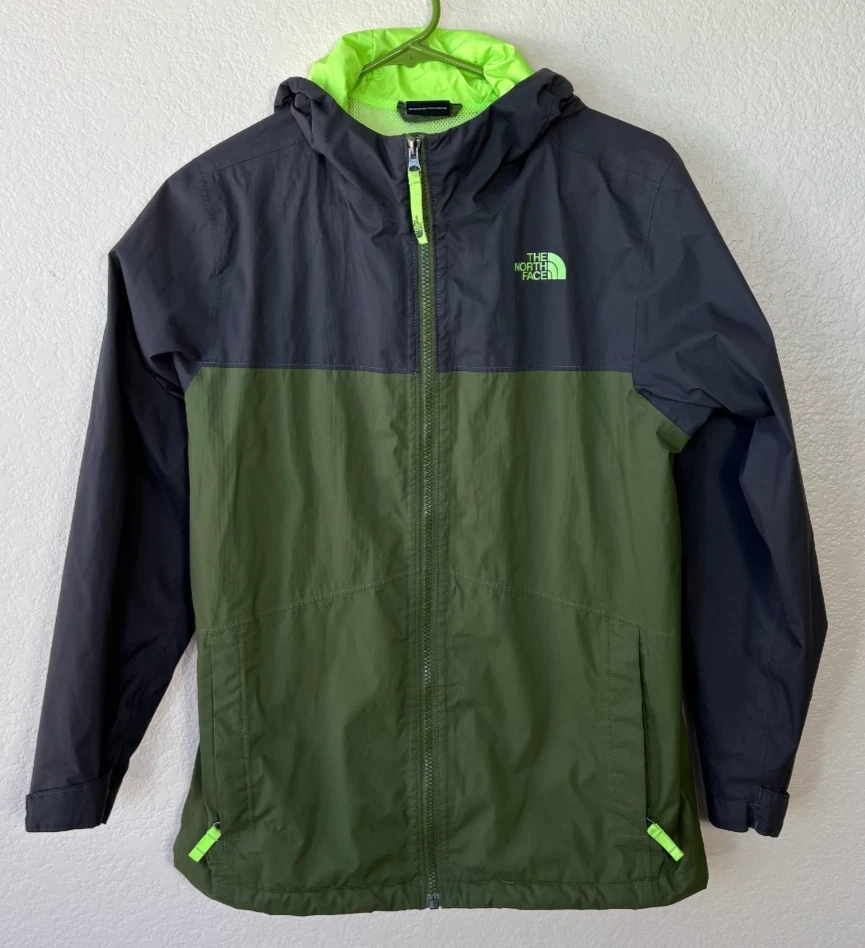 The North Face Boys Large 14 16 DryVent Rain Jacket Green Gray Hooded Lightweigh