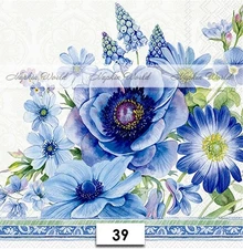 (39) TWO Paper LUNCHEON Decoupage Art Craft Napkins - BLUE FLOWERS FLORAL