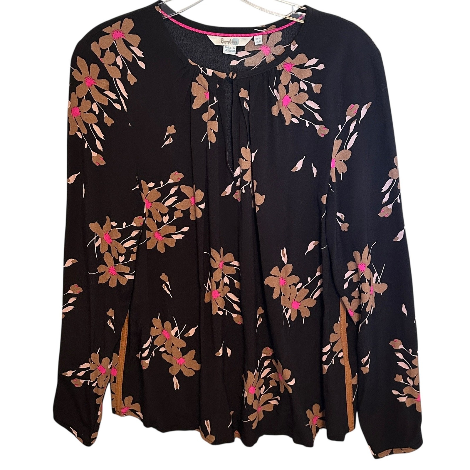Boden Mara Top Womens Size 10 Black Brown Pink Floral Pleated Keyhole Blouse