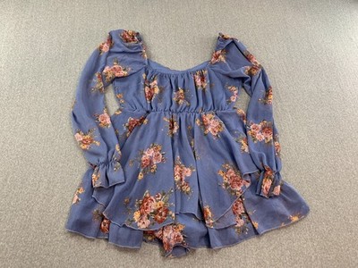Inspired Heart Peasant Blouse Womens  L Blue Floral Sheer Sleeve Flowy Chiffon