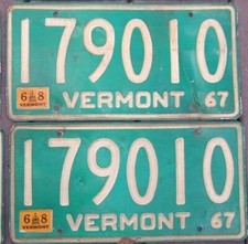 VERMONT PAIR Vintage  1967  1968  license plates  179010