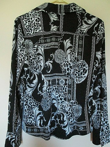 CACHE Snaps Blouse Medium Black Grey Silver Leopard Greek Print Long Sleeve Top - Picture 6 of 6