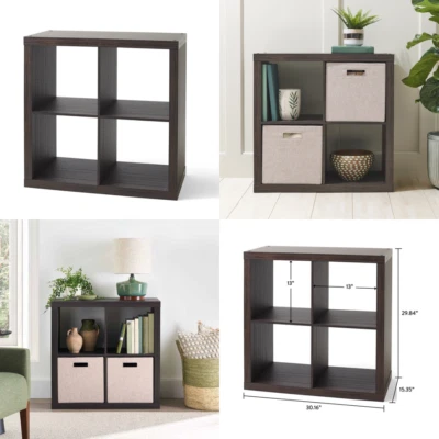 BETTER HOMES & GARDENS Vinyl Record Album Storage Cabinet 4-Cube Book Case Shelf Rack Organizer, Tobacc