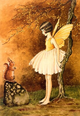 Repro Postcard - Cute Fairy in Fall Forest Talks with Squirrel, Autumn