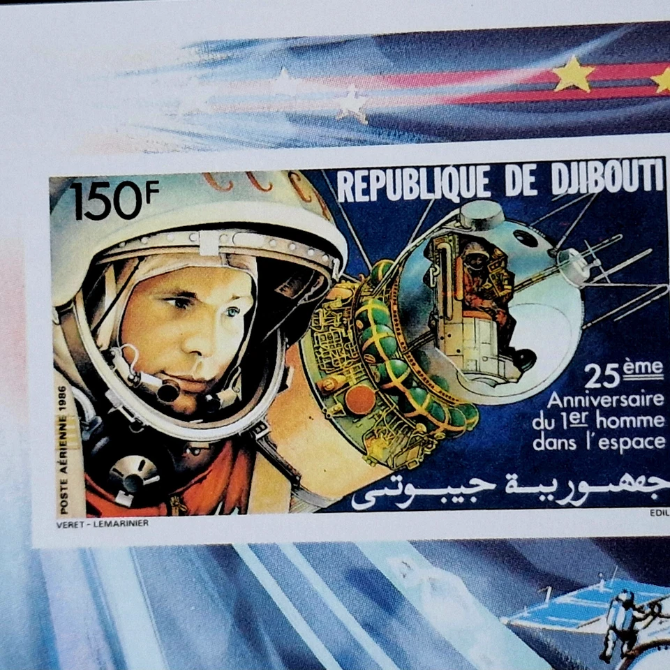 Djibouti 1986 perf + imperf Gagarin MNH Space USSR 2 Stamps Sheets Set - Image 2 of 3