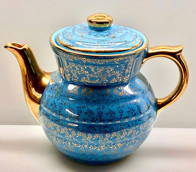 KITCHEN RETRO VINTAGE TURQUOISE & GOLD FLORAL TRIM ~ DRIP O LATOR TEAPOT COFFEE