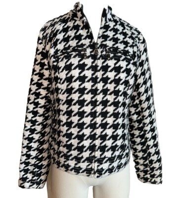 CHICOS Jacket size Knit Moto Jacket Black White Houndstooth