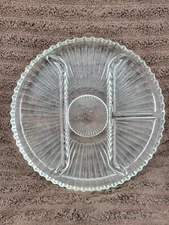 Vintage Clear Pressed Glass Divided Relish Tray Scalloped Edge Round Shape 10"