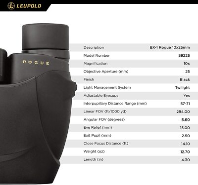 LEUPOLD BX-1 Rogue Binocular 10X25mm Multi-Coated Prism Lens