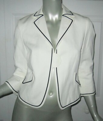 AKRIS PUNTO Cropped White Suit Jacket Black Piping Size 6 New