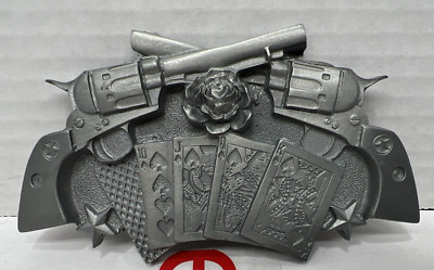 Pewter Pistols and royal flush belt buckle Western Wear Poker Hand Cards Guns