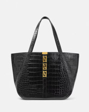 Versace Greca Goddess Croc-Effect Large Leather Tote Bag / Black