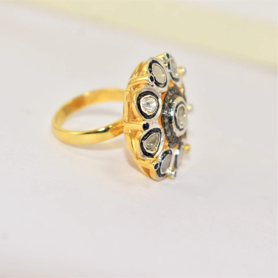 Polki Pave Diamond Ring 925 Sterling Silver Gold Plated Ring Christmas Gift - Image 4 of 4
