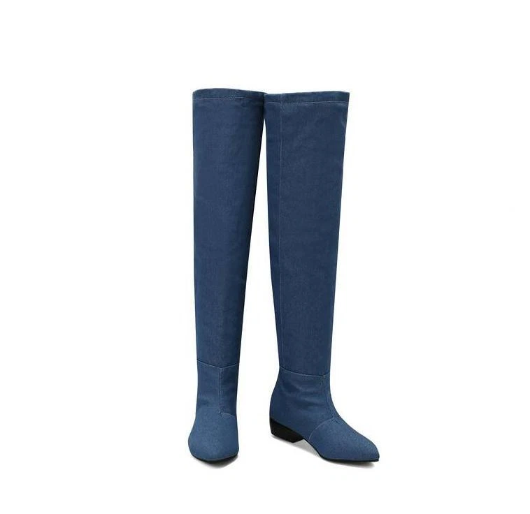 Mujeres Punta Punta Tacón Bajo Botas Hasta la Rodilla Dama Denim Caballero Zapatos de Montar Foto 4 de 4