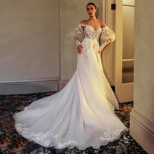 Glitter Tulle Wedding Dresses Sweetheart Long Puff Sleeves A-line Bridal Gowns  