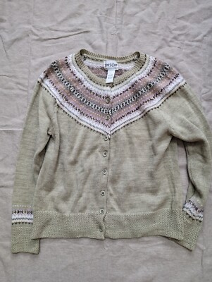 vintage fair isle L women's warm oatmeal cotton knit cardigan winter Nordic ski