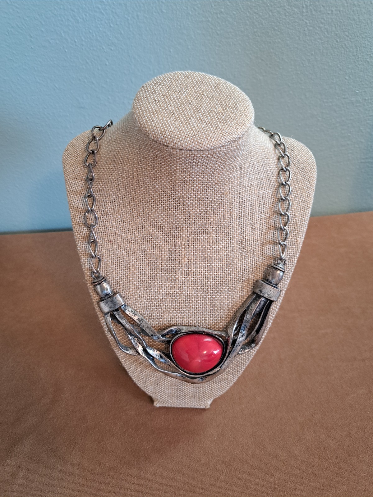 Red Stone Necklace Rustic Silver Adjustable Vintage Choker