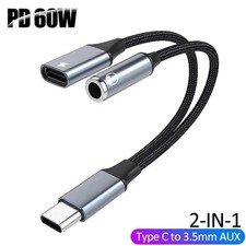 2 in 1 Type-C USB C to 3.5mm AUX Audio Headphone Jack Adapter Charger Cable LOT