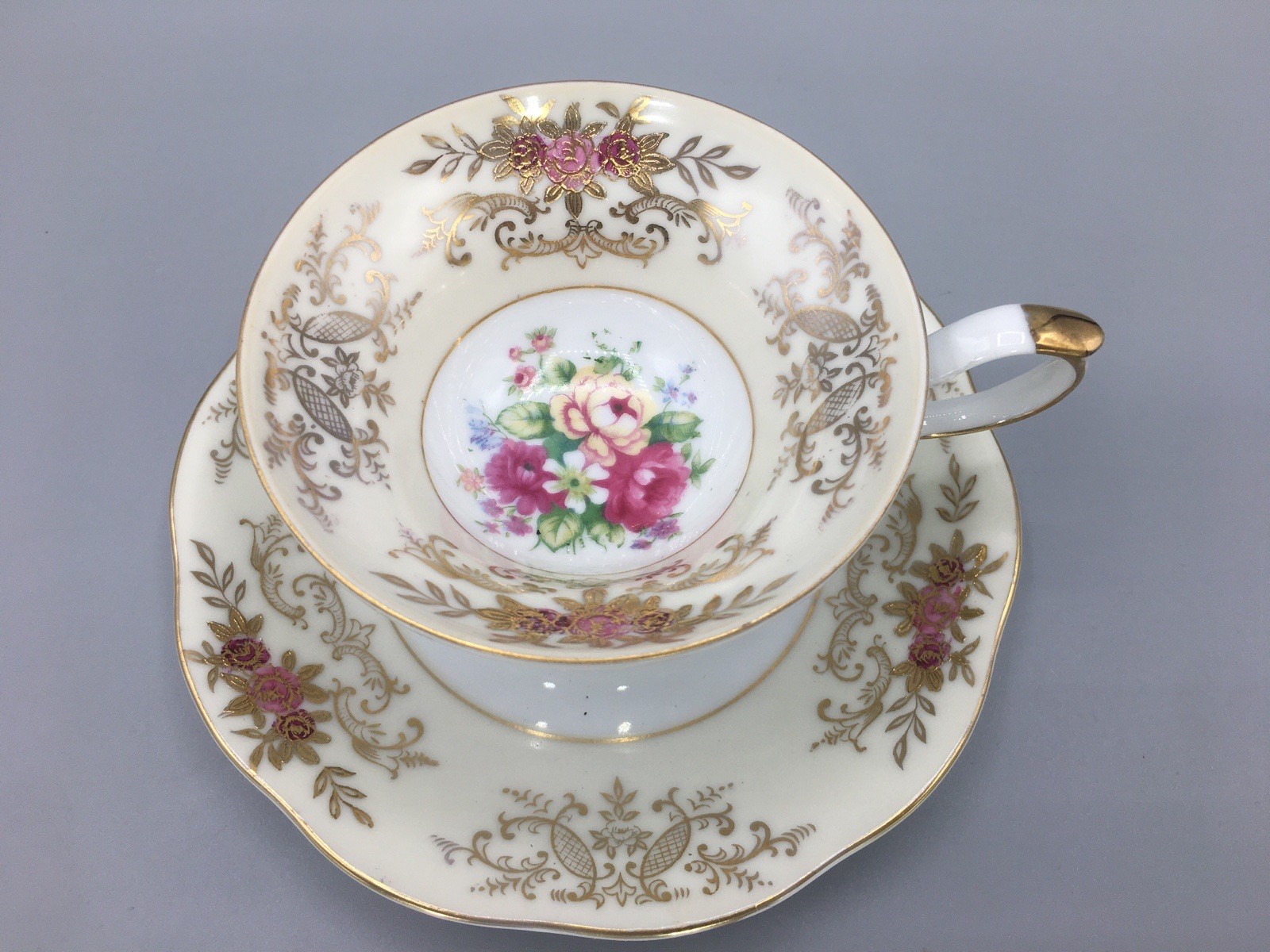 Del Mar Japan Pedestal Teacup & Saucer Hand Painted Raised 24k Gold Lusterware