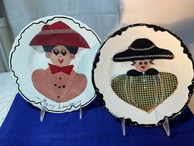 Vintage Kitchen Plates Portrait Ladies Red, Green, Black Decorated Folk Art Wall