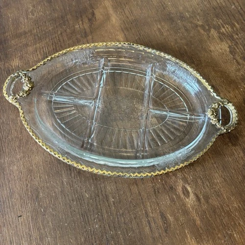 Anchor Hocking Mayfair Open Rose Clear  Depression Glass Oval Platter W/ Brass