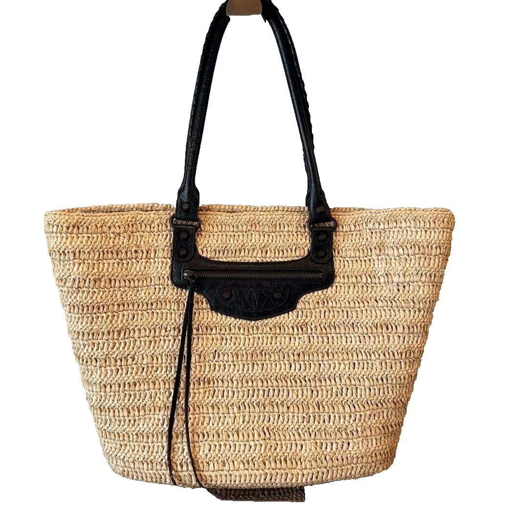 BALENCIAGA Le City M Basket Raffia Arena Lambskin Tote Bag Black Near Mint