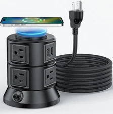 Power Strip Tower with Wireless Charger, Dual-Layer Rotatable Design Surge Pr...