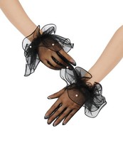 Women's Short Mesh Gloves Ruffled Tulle Tea Party Gloves for Formal Costume Eve