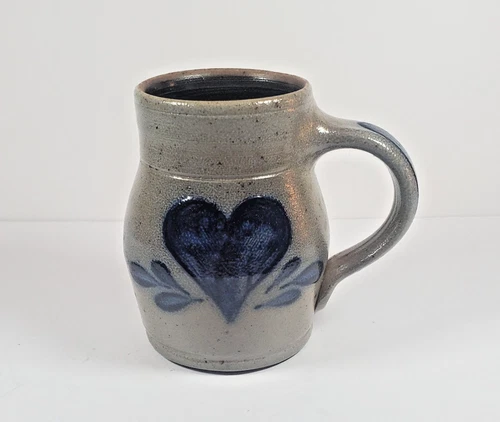 VTG Rowe Pottery Works Coffee Mug Stoneware Gray & Cobalt Blue Heart Speckled
