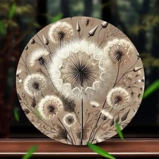 Round Aluminum Foil Wall Art - Dandelion Flower Design in Beige & Brown, Classic