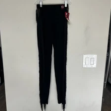 NWT FD Black sheer Ballroom Dance Latin Leggings Fringe. Size 10-12 Girls